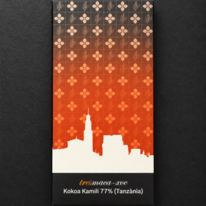 Rajola de xocolata Kokoa Kamili 77% de Tanzània, de 70 g, amb el nou packaging taronja de Tresmaca-xoc.